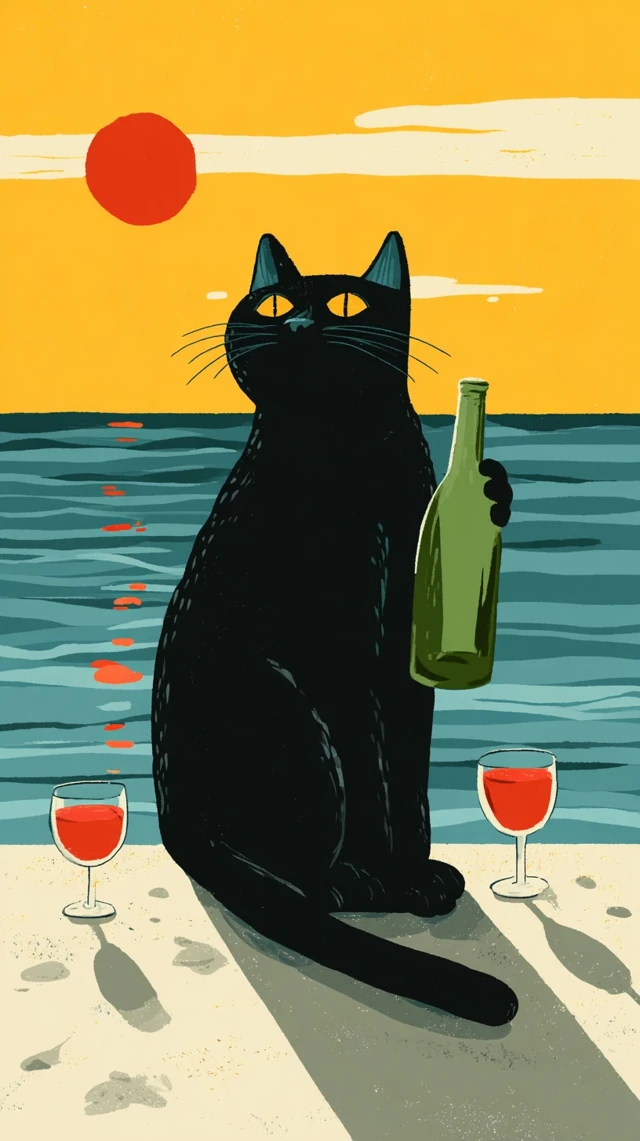 Cute Cat Sunset Illustration