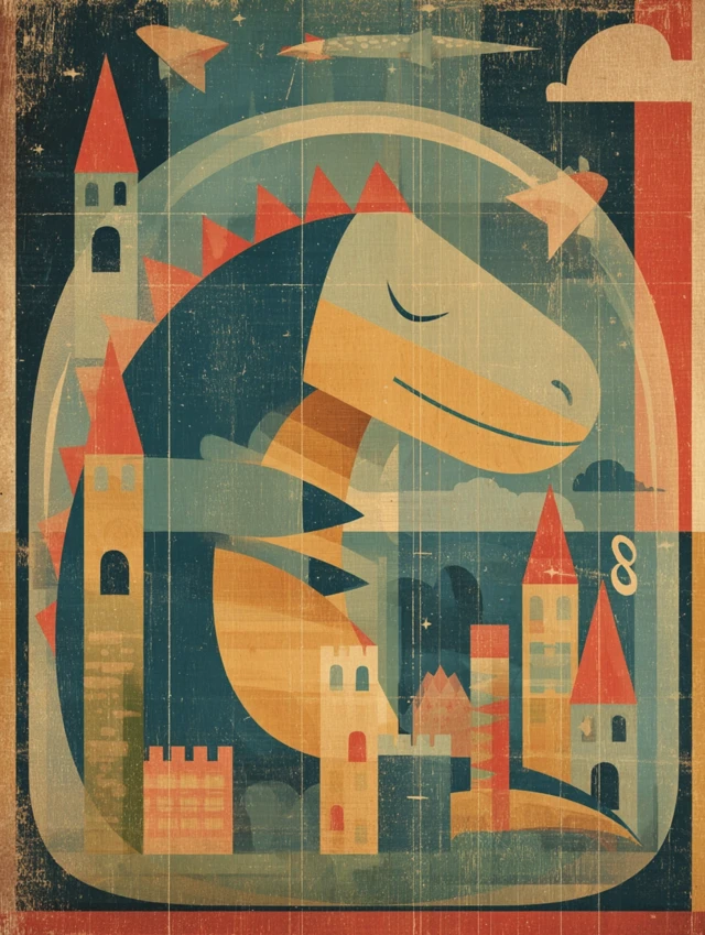 Dinosaur in Crystal Castle Mid Century Illustration
