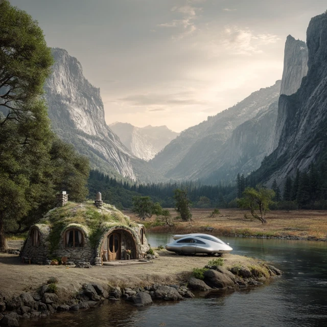 Tranquil Valley Cottage with UAP - Surreal and Photorealistic