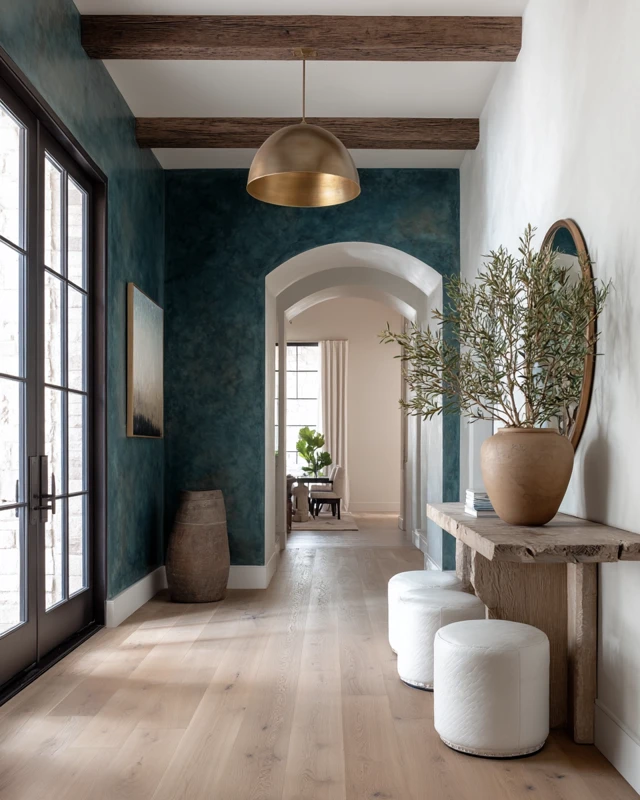 Elegant Foyer Design with Venetian Stucco and Oak Wood