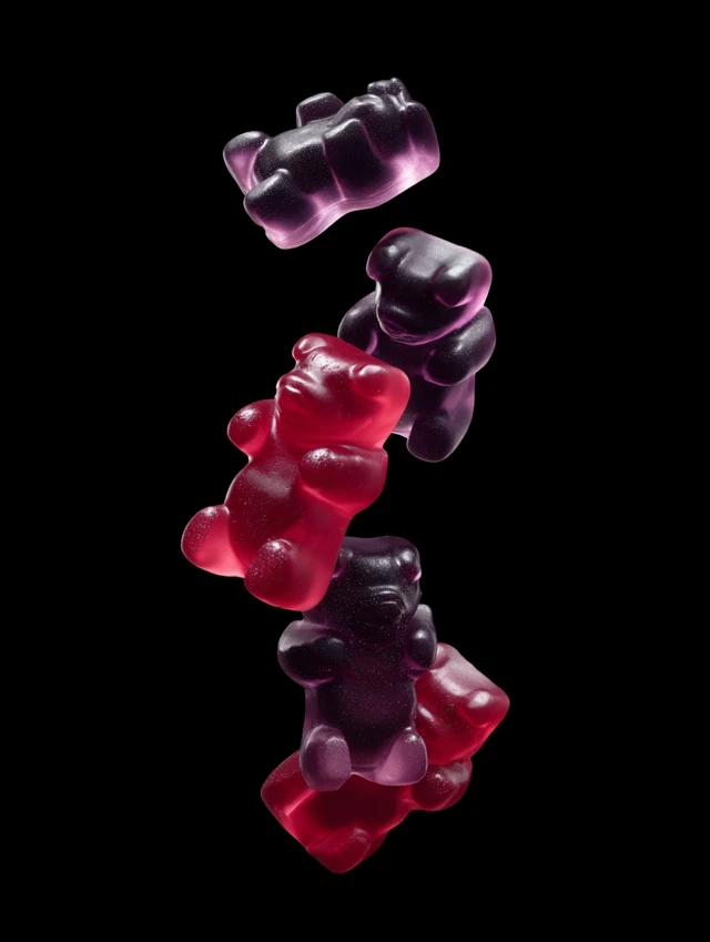 Gummy Bears Falling Down Red Purple Black Background