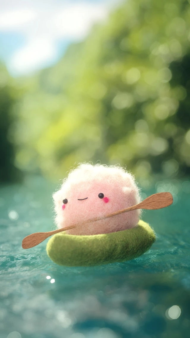 Cute Pink Monster Kayaking in Dreamy Lake