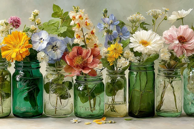 Mason Jars with Wildflowers Watercolor Painting
