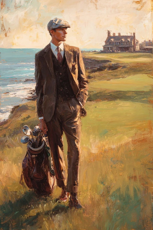Vintage Golfing Gentleman Seaside Scene
