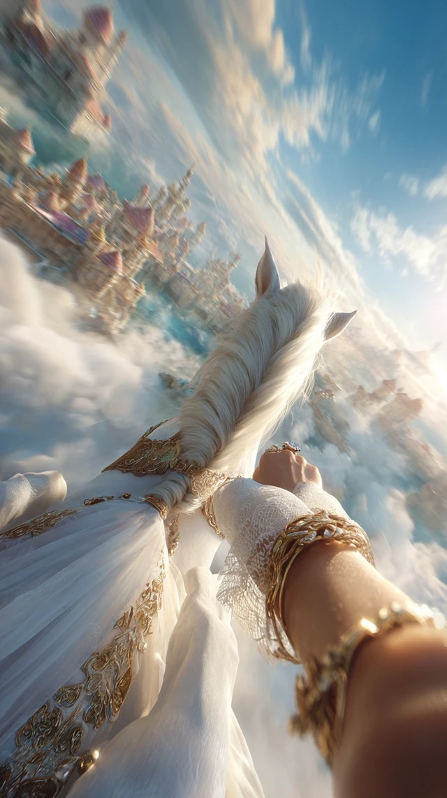 Princess Unicorn Flight Above Fantasy City