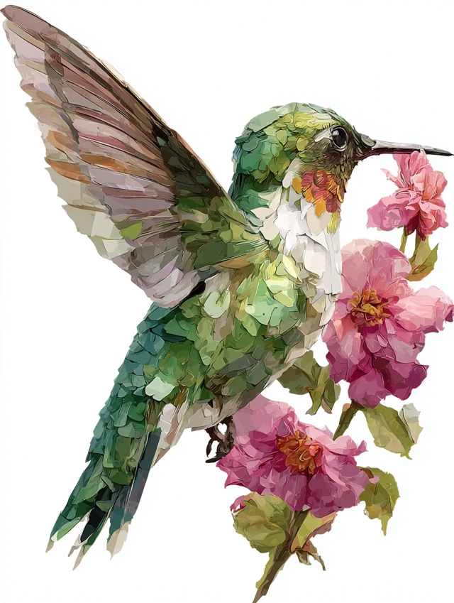 Hummingbird Art Paper Collage Pink Flowers