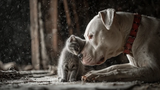 Heartwarming Bond Pitbull and Kitten in Snow