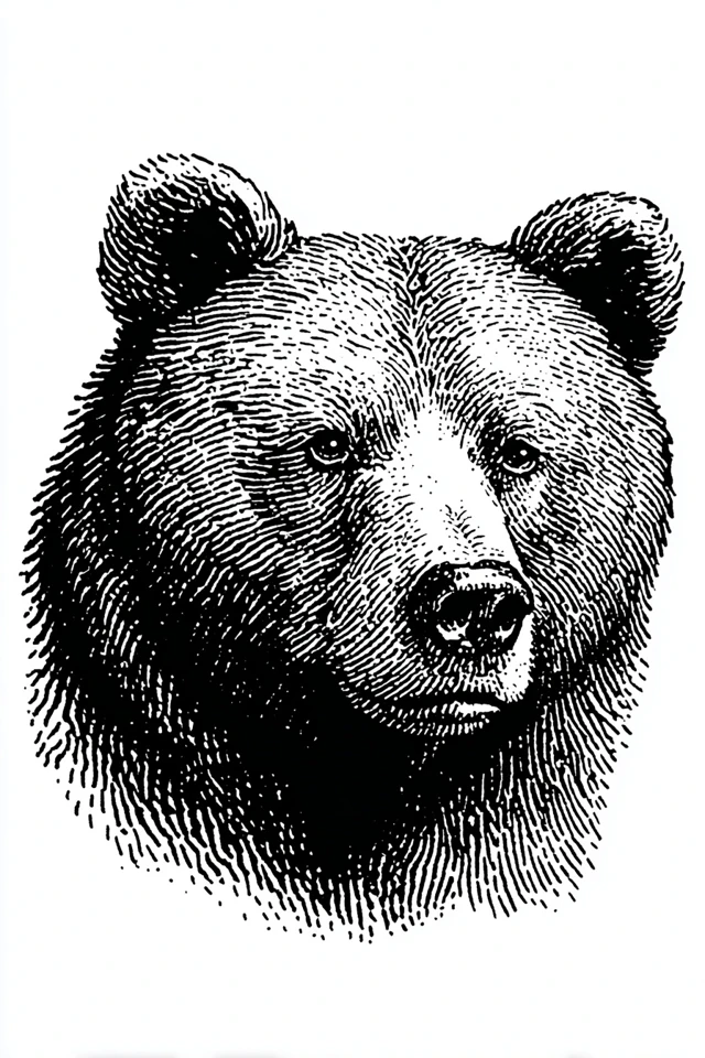 Bear Head Linocut Print Woodcut Style Art