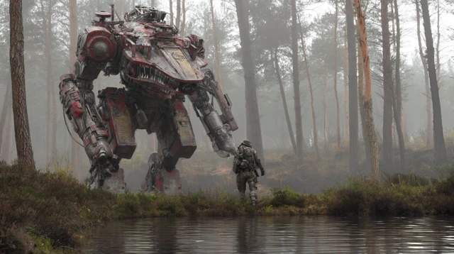 Mech and Creature Battle Photorealistic