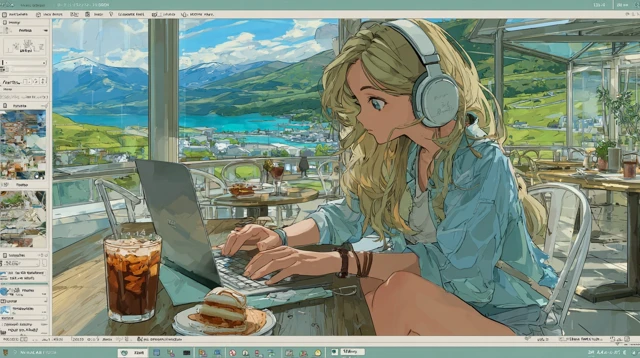 Cafe Scene Young Woman Working Relaxing in Cafe