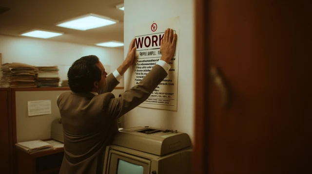 1980s Corporate Office Man Pinning WORK Poster