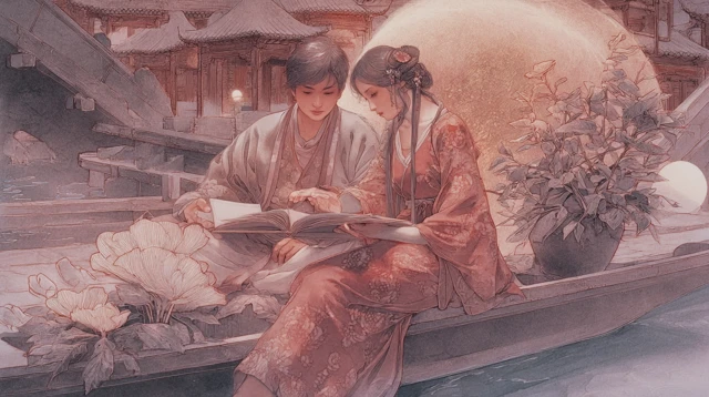 Song Dynasty Lovers Reading Poetry in Jiangnan