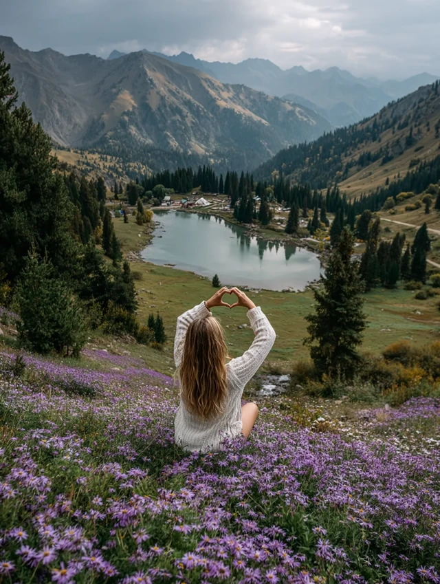 Girl in Mountains Lake View with Heart Shape Gesture