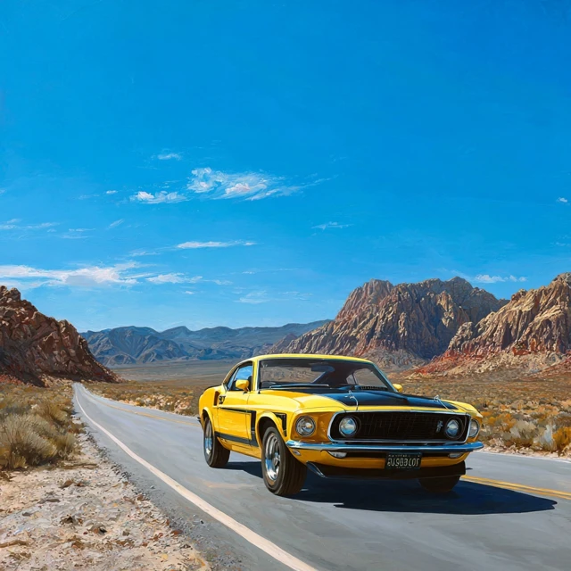 1969 Ford Mustang Mach 1 on Desert Highway