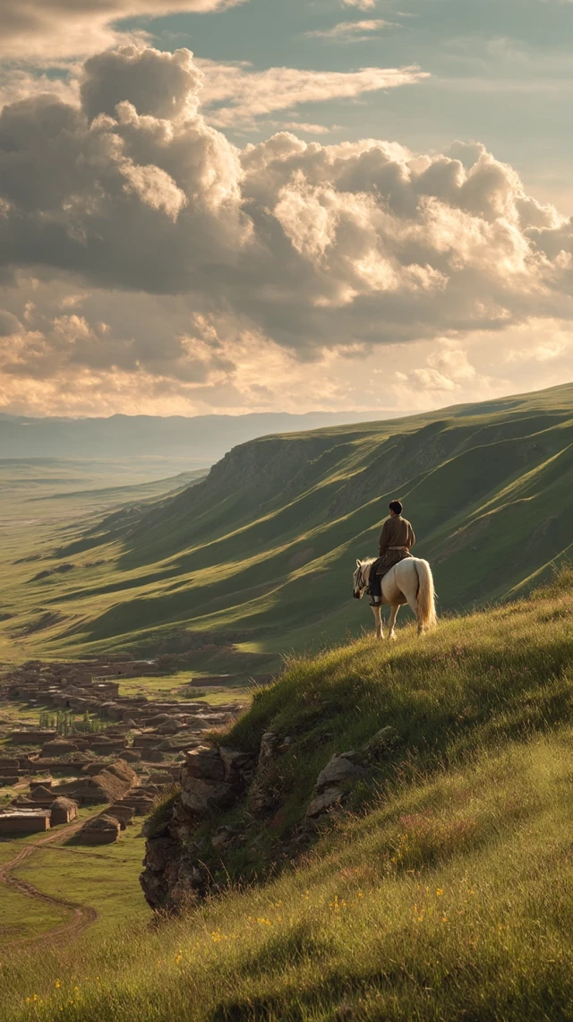 Chinese Man on Horse in Spring Landscape