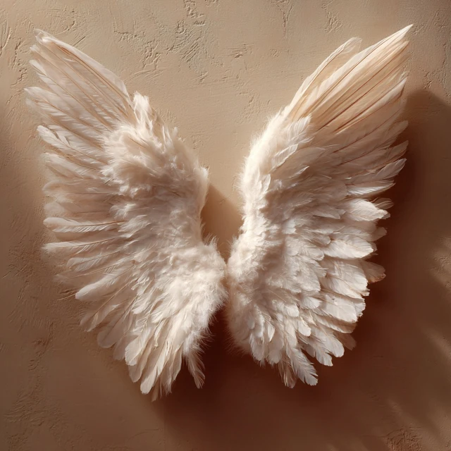 White Feather Angel Wings Against Light Tan Background