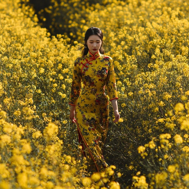 Chinese Girl in a Flower Field Photo