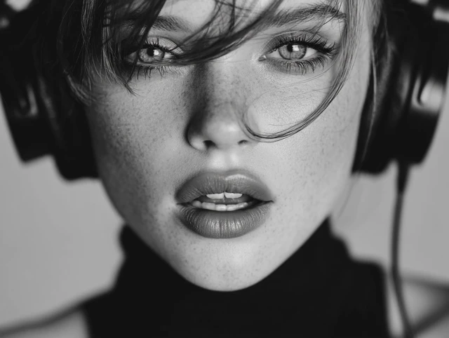 Beautiful Singer in Headphones Black and White Portrait