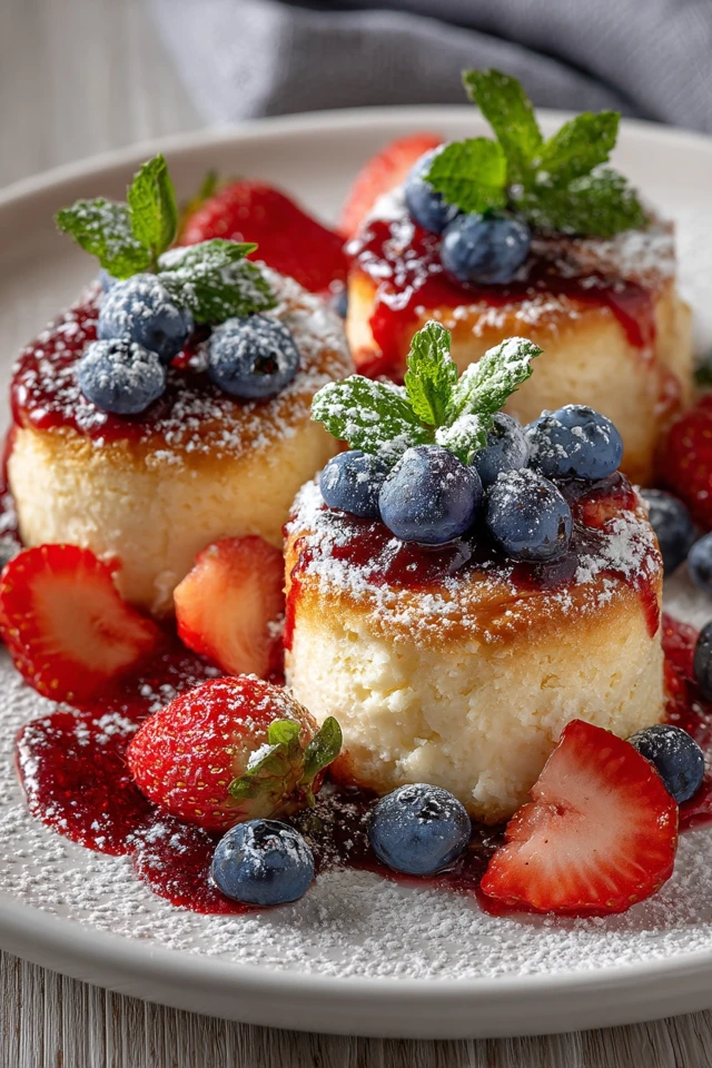 Golden Cheesecakes with Berries Dessert Photography