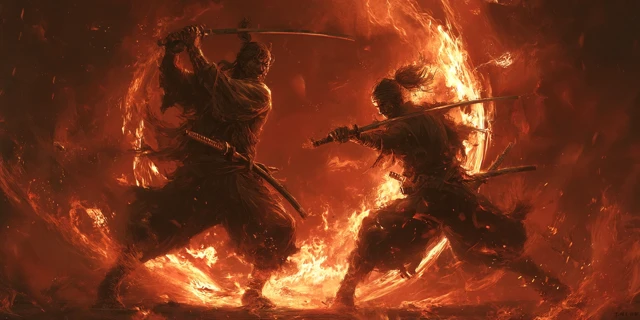 Samurai Fight In Hell Fire Digital Art