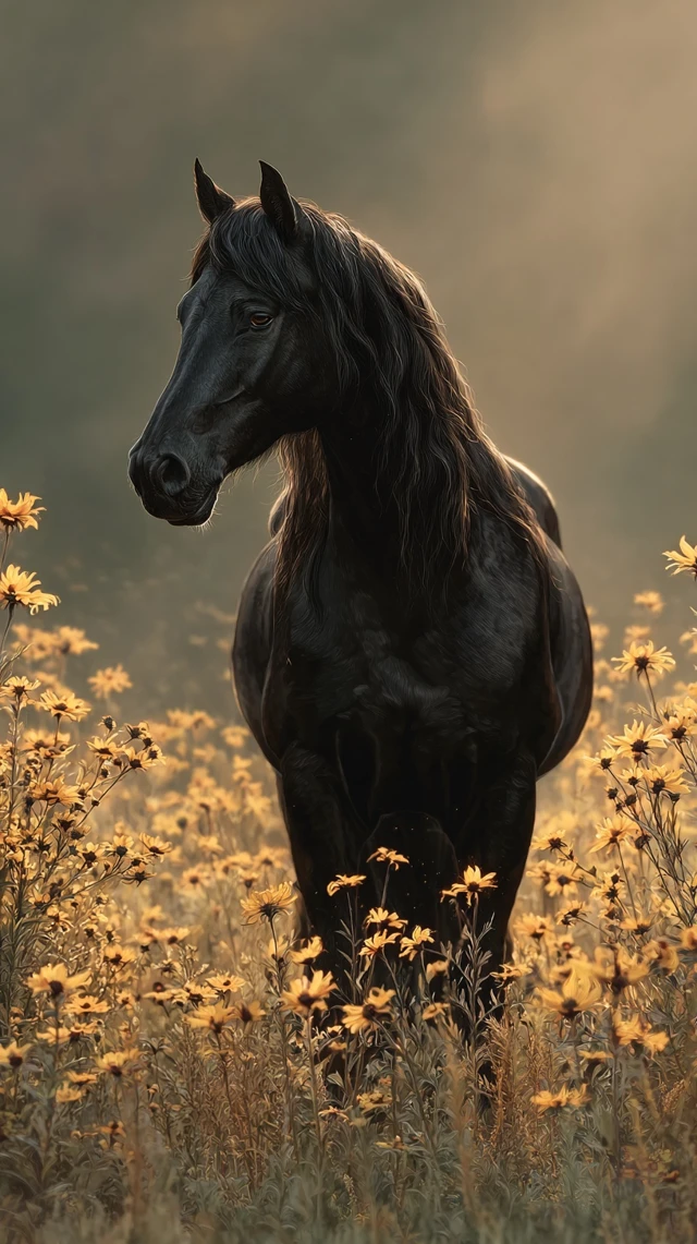 Beautiful Black Horse in a Meadow Golden Hour Light