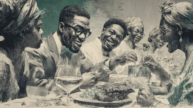 Nigerian Family Dinner Engraving Illustration