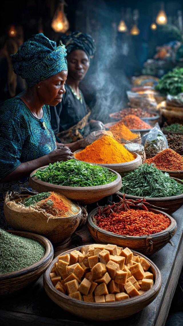 Cameroonian Market Scene Spices and Women