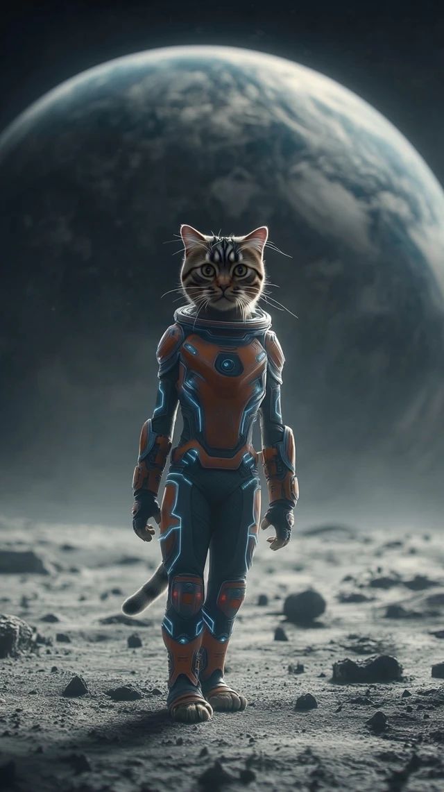 Space Cat Astronaut on the Moon Futuristic SciFi Art