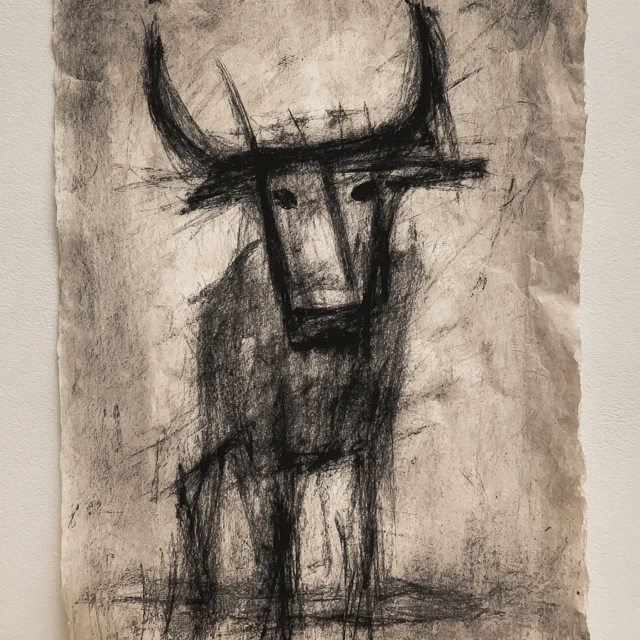 Mythological Bull Charcoal Drawing in NeoExpressionist Style