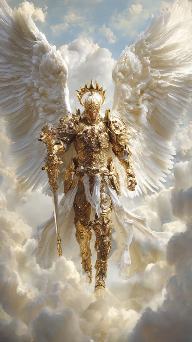 Radiant Archangel in Golden Armor Heavenly Scene