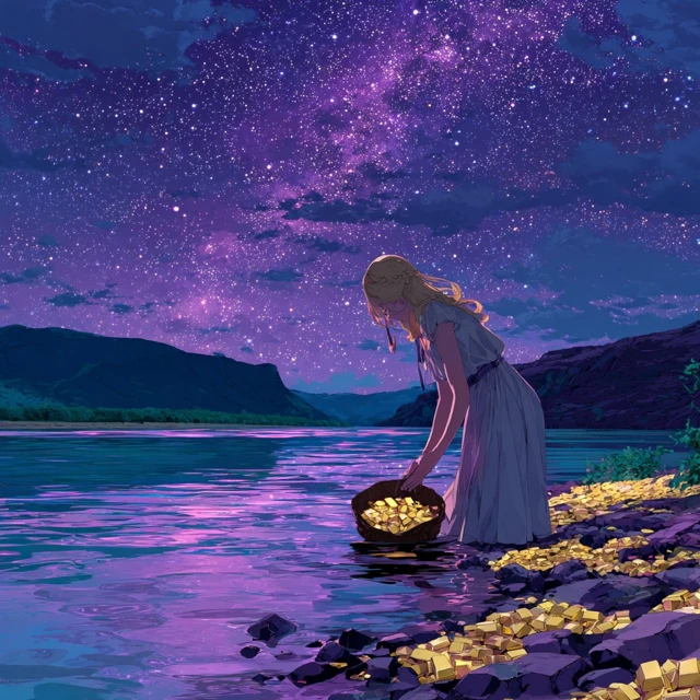 Woman by River Under Cosmic Sky Gold Bars