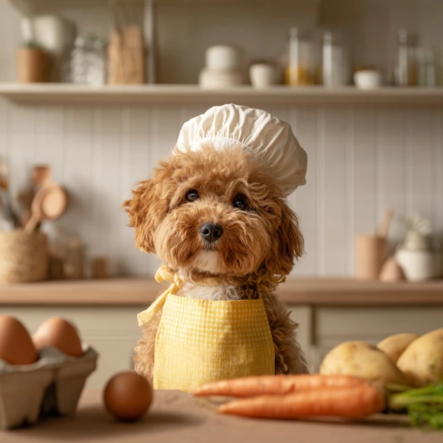 Cute Maltipoo Puppy Chef In Kitchen