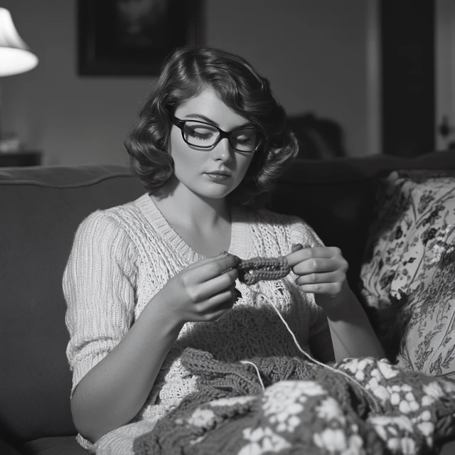 Beautiful Woman Crocheting in Black and White