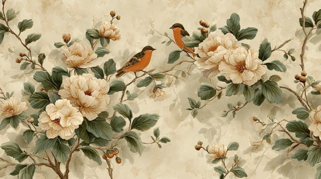 Vintage Floral Wallpaper with Birds and Gold Accents
