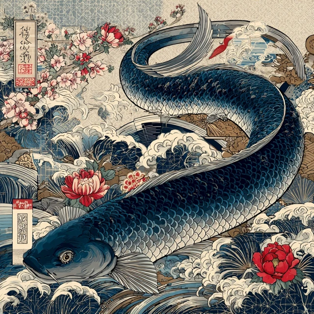 Ukiyo e Illustration of a Sinuous Eel in Japanese Style