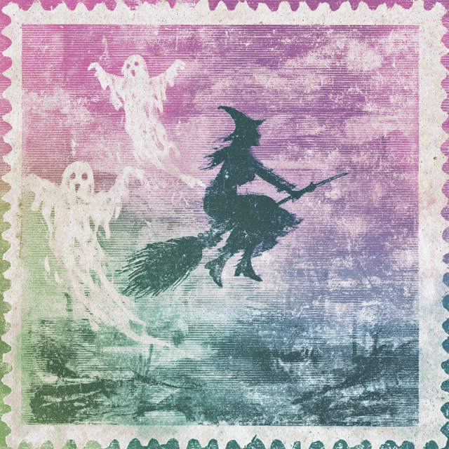 Vintage Halloween Stamp Witch Ghosts