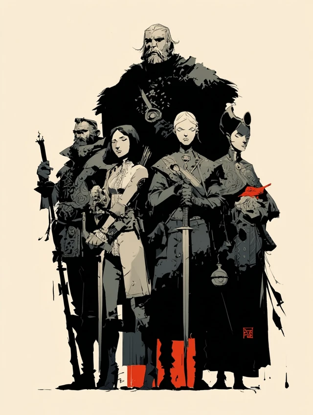Mike Mignola Style Medieval Group Illustration