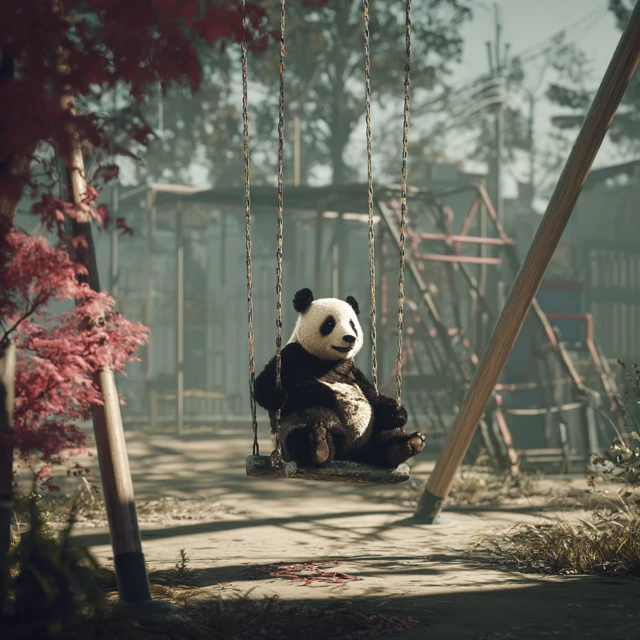 Panda on a Swing in a Childrens Park