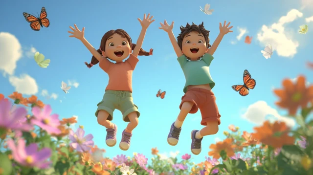 Kids Jumping in a Sunny Park 3D Cartoon Scene