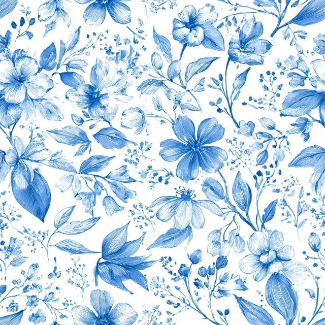 Floral Pattern Blue and White Hand Drawn Illustration