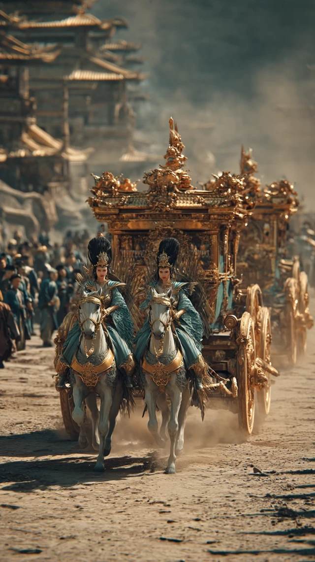 Ancient Chinese Carriages in Desert Scene