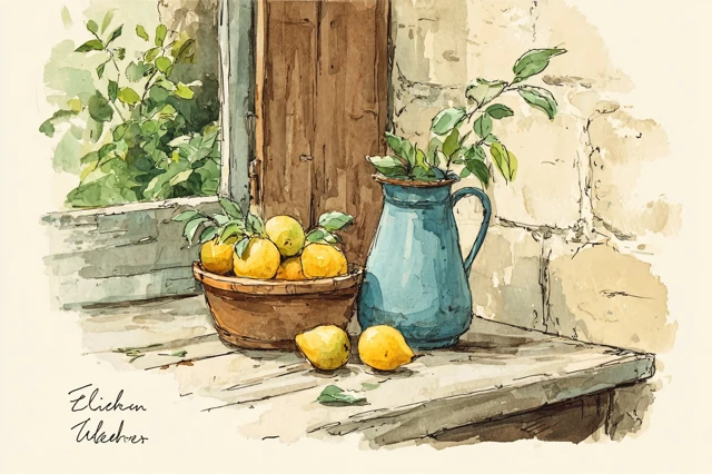 Watercolor Still Life Fruits and Jug Vintage Style