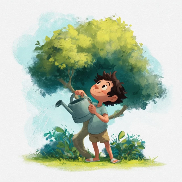 Cute Cartoon Boy Watering Tree in Garden