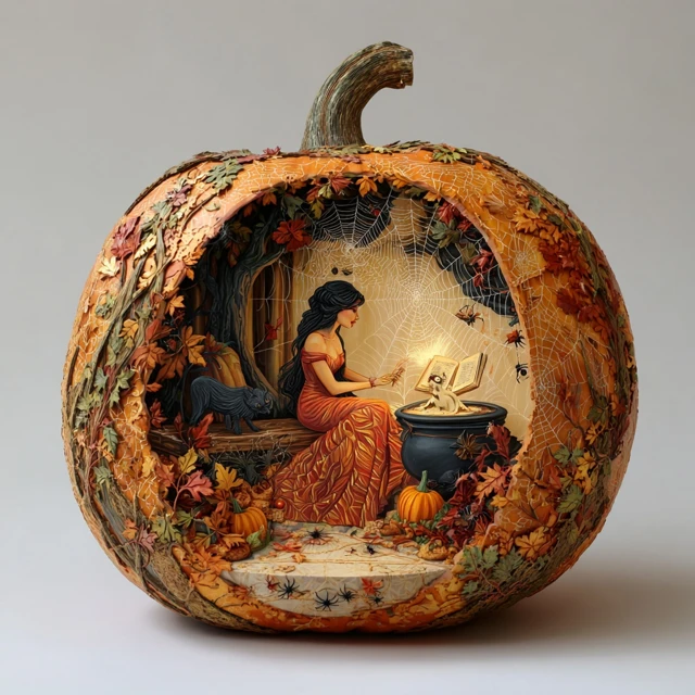 Halloween Pumpkin Witch and Cat Scene Art