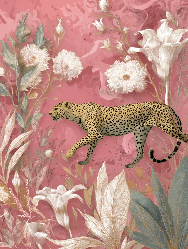 Leopard in a Botanical Pink Jungle Illustration