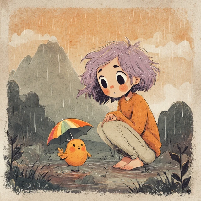 Magical Rainy Day Illustration Bird Girl