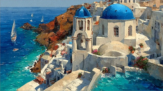 Santorini Greece Watercolor Painting Summer Day