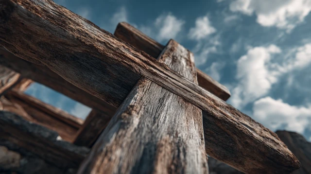 Wooden Cross Portrait with Sky and Clouds
