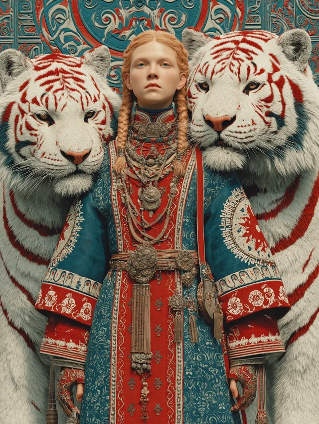Red-Haired Woman and Tigers: Ancient Culture 3D Render