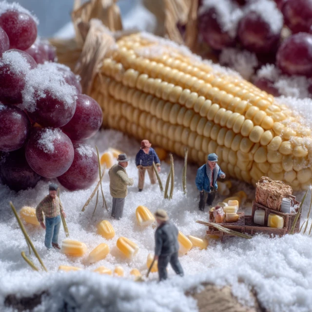Miniature Scene: Corn Harvest in Snowy Landscape